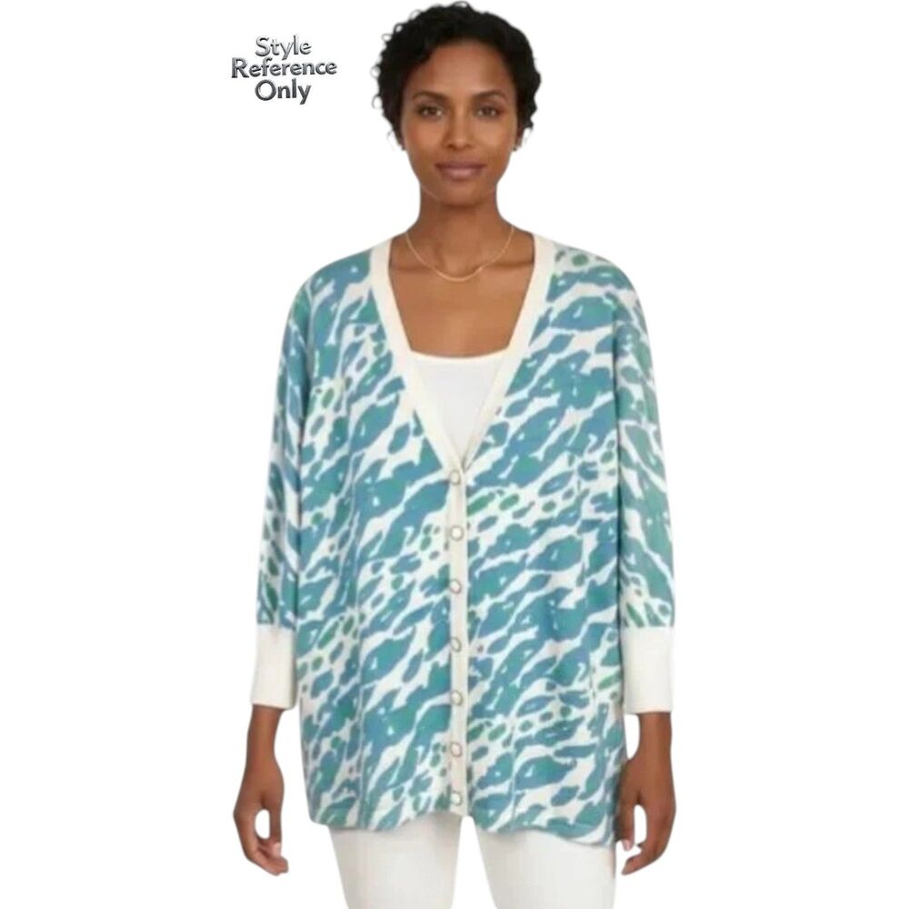 NWT Bob Mackie Wearable Art Abstract Coastal Cardigan Blue Green Size L